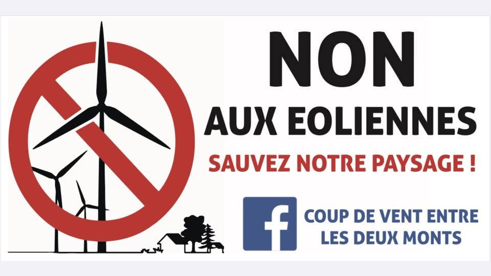 Affiche : Non aux éoliennes, sauvez notre paysage ! Coup de vent entre les deux monts.